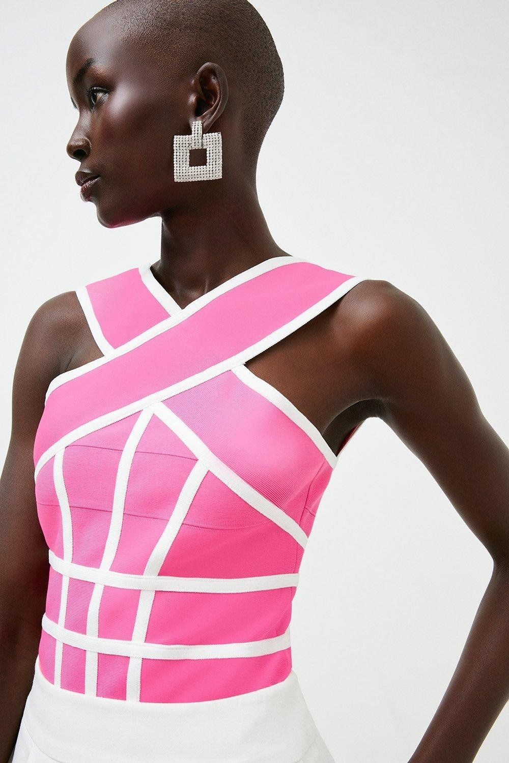 Bandage Knit Contrast Cross Front Top | Karen Millen US