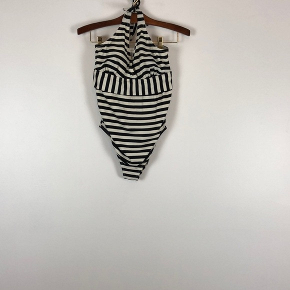 Motherhood one piece Surplice black & white strip halter neck swimsuit Size SM | Poshmark