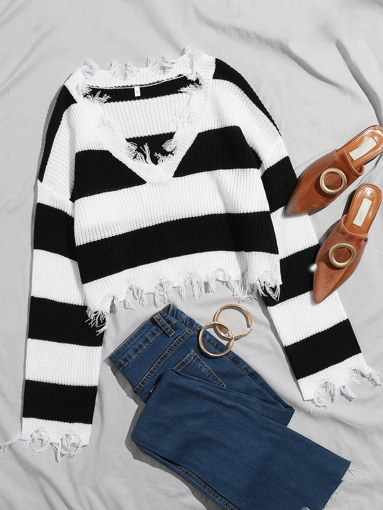 Ripped Trim Color Block Sweater | SHEIN