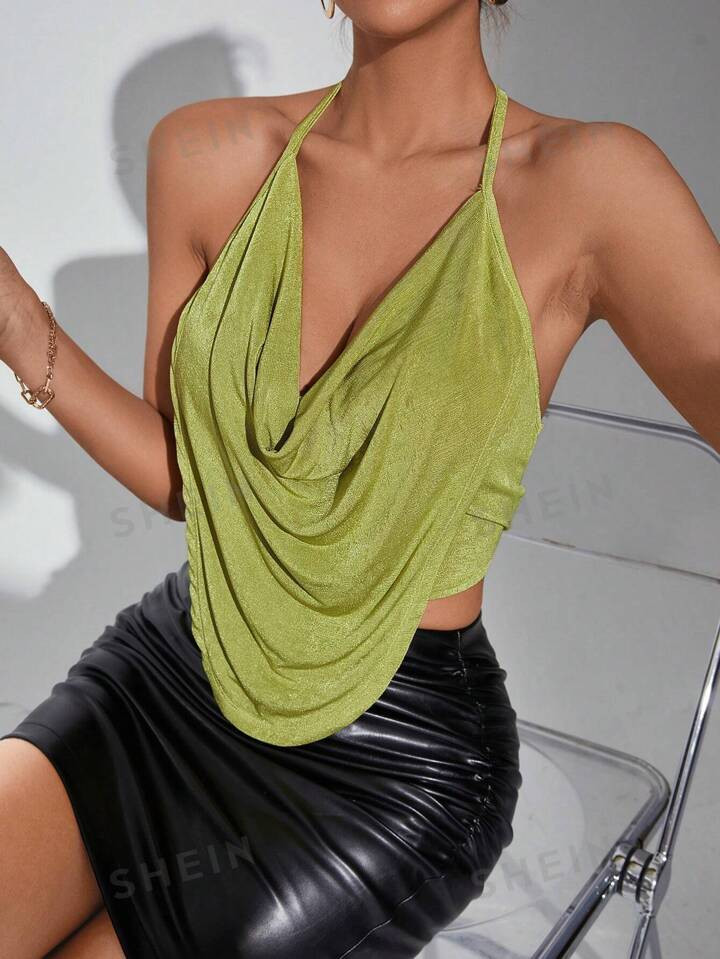 SHEIN Privé Concert Draped Front Backless Party Halter Top | SHEIN