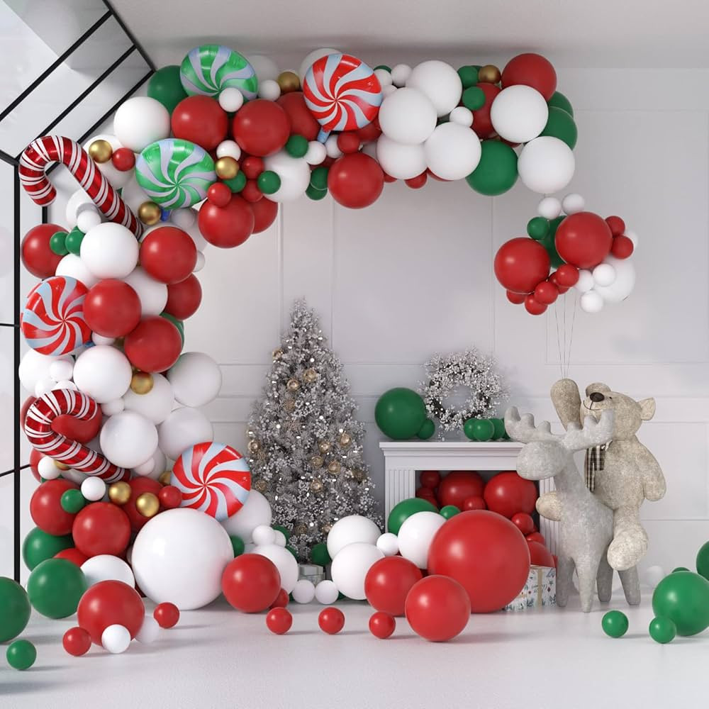 Amazon.com: 132PCS Christmas Balloons Garland Arch Kit with Red Green Gold Balloons Candy Cane Ba... | Amazon (US)