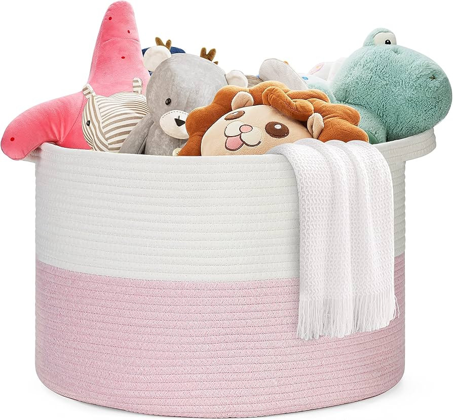 Blanket Basket - 20"x 20"x 13" Cotton Rope Basket for Living Room, Baby Toy Storage Basket, Large... | Amazon (US)