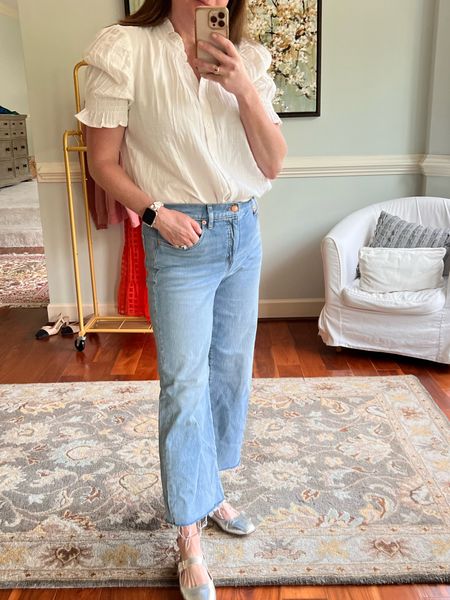 Mom outfit of the day. Ootd momma. Favorite jeans. New button down look with puff sleeves. Ballet flats look alike knock offs from Amazon  

#LTKmidsize #LTKover40 #LTKSeasonal