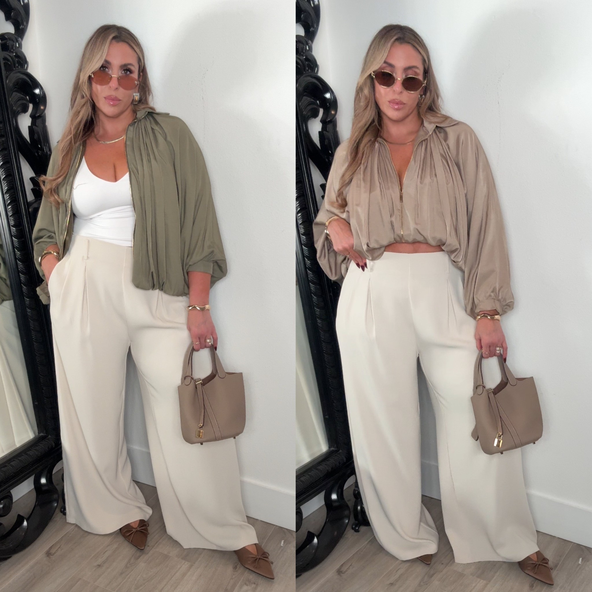 Fall Outfit 

My favorite trousers XL Long (color: Apricot) White tank XL. 

Bra, sunglasses, and accessories linked. 

Bubble bomber (brand FindThy) size L (runs very big size down) I also linked another selling with more color options (love the burgundy) 

Handbag is incredible color: grey may be sold out linked the other colors. 

Linked the target flats and other sandals that would pair well. 

#LTKMidsize #LTKStyleTip