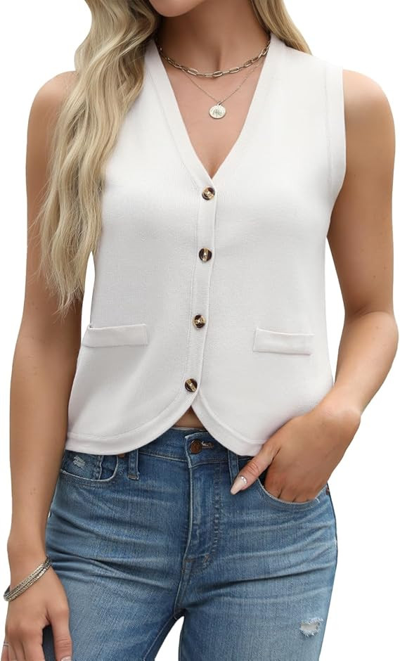 Tanou Sweater Vest for Women Casual Sleeveless Button Up V Neck Cardigan Summer Knit Ribbed Tank ... | Amazon (US)