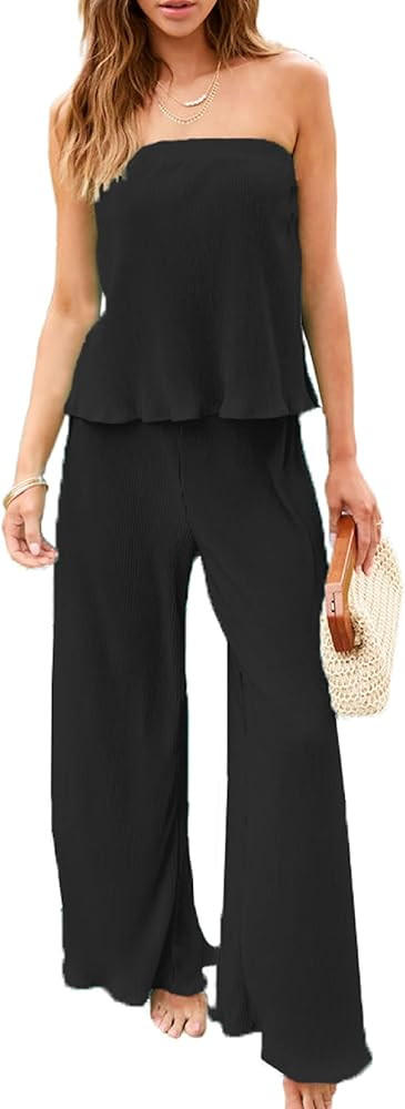 NUFIWI Womens Sexy 2 Piece Pants Set Strapless Off Shoulder Tube Tops Pleated Wide Leg Pants Y2k ... | Amazon (US)