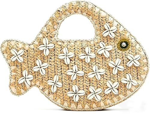 Fish Shaped Straw Handbag for Women, Seashell Decorated Woven Fish Purse, Summer Beach Tote Bag for Vacation & Casual Use | Amazon (US)