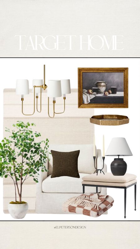 That artwork always sells out!!
Chandelier 
Table lamp
Gold tray
Ottoman 
Area rug
Accent Chair
Faux tree
Three pillow
Candle holder


#LTKhome