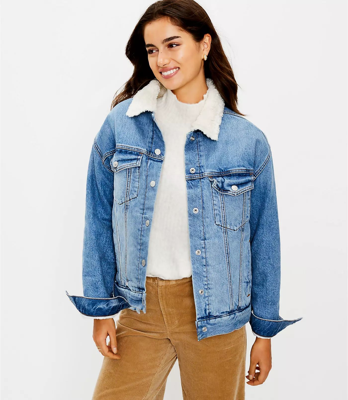 Sherpa Trim Denim Trucker Jacket | LOFT