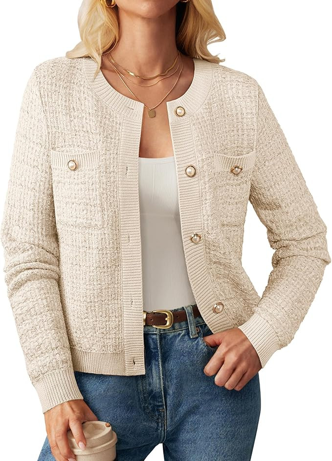 GRACE KARIN Womens Open Front Button Down Long Sleeve Texture Knit Cardigan Sweaters with Pockets | Amazon (US)