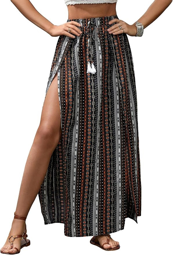 Verdusa Women's High Split Tribal Print Striped Boho Elastic Waist Long Skirt | Amazon (US)