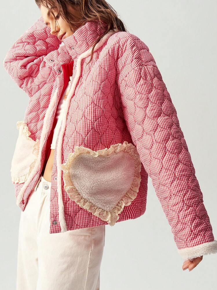 Bohemela Vacation Loose Woven Plaid Heart Decor High Neck Long Sleeve Warm Jacket For Women | SHEIN