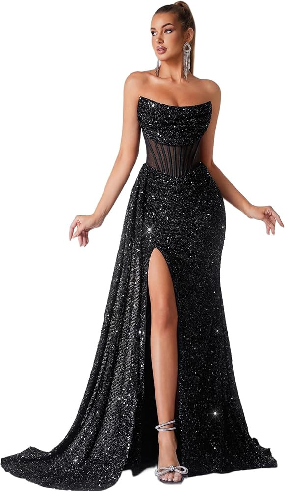 Cocktail Evening Gowns Formal Dresses for Women Sequin Tulle Wedding Guest Party Sexy Off Shoulde... | Amazon (US)