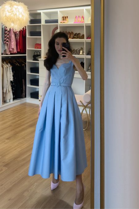 Spring vibes and endless possibilities! This stunning full midi dress in a beautiful shade of blue is the perfect outfit idea spring for any occasion. Dress to impress at brunch with the girls, or add a touch of magic for a "cute Disney fit." The cinched waist with a belt flatters your figure, while the pastel pink pumps add a touch of sweetness. This dress is equally at home at a wedding or graduation, making it a versatile addition to your wardrobe. Click the link in bio to shop the look and find your perfect spring outfit! #outfitideasspring #springoutfit #dresstoimpress #cutedisneyfits #daybrunchoutfit #weddingguestdress #graduationdresses #LTKspring

#LTKparties #LTKwedding #LTKstyletip