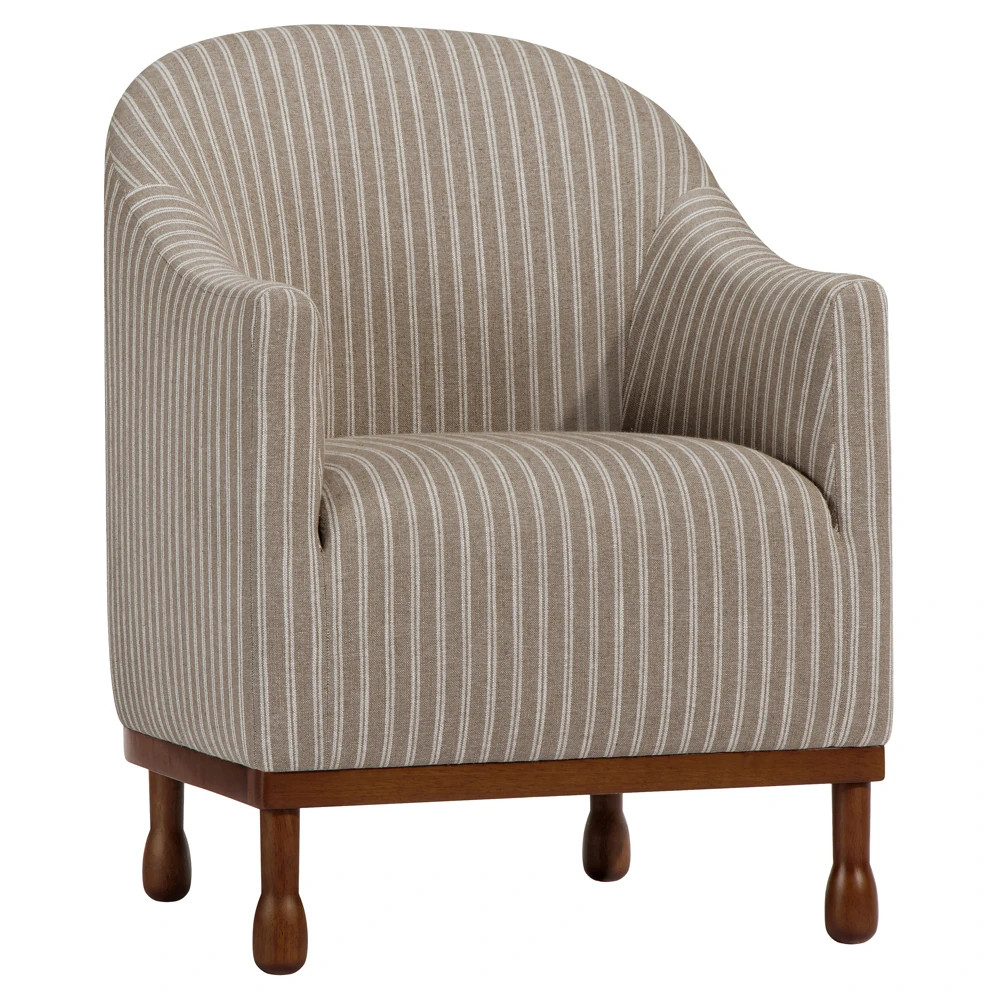 Gavin Updated Traditional Light Striped  Brown Wood Barrel Chair | Kathy Kuo Home