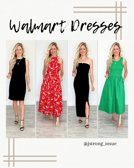 Walmart dresses under $35! They all come in more colors. Wide strap sleeveless dress can be worn day to night. Vibrant halter dress has elastic neckline and waist and pockets. Strapless sweater dress is stretchy. Green dress is ribbed on the top and flowy on the bottom. Has pockets and comes in black and white. 

#LTKstyletip #LTKfindsunder50