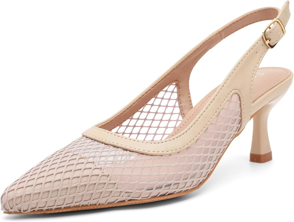 Enelauge Women's Mesh Slingback Kitten Heels Pumps Closed Pointed Toe Low Heeled Sexy Dress Party... | Amazon (US)