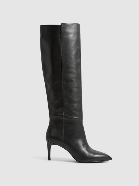 Reiss Black Celia Pull On Knee High Boots | Reiss UK