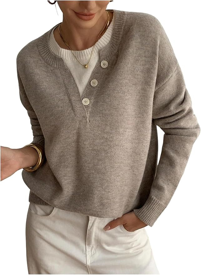 SOLY HUX Pullover Sweaters for Women Long Sleeve Button Crew Neck 2 in 1 Knitted Oversized Tops | Amazon (US)