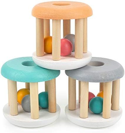 DUCKBOXX XX Wooden Rattle Rollers for Babies Ages 0m – 2yrs (White Base - 3pcs) | Amazon (US)