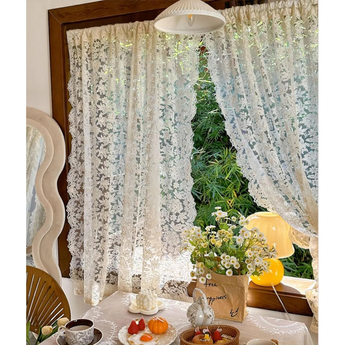 2 Panels French Curtains Lace Gauze for Living Room Cream Retro Wavy Edge Bedroom Bay Window Girl... | Wayfair North America