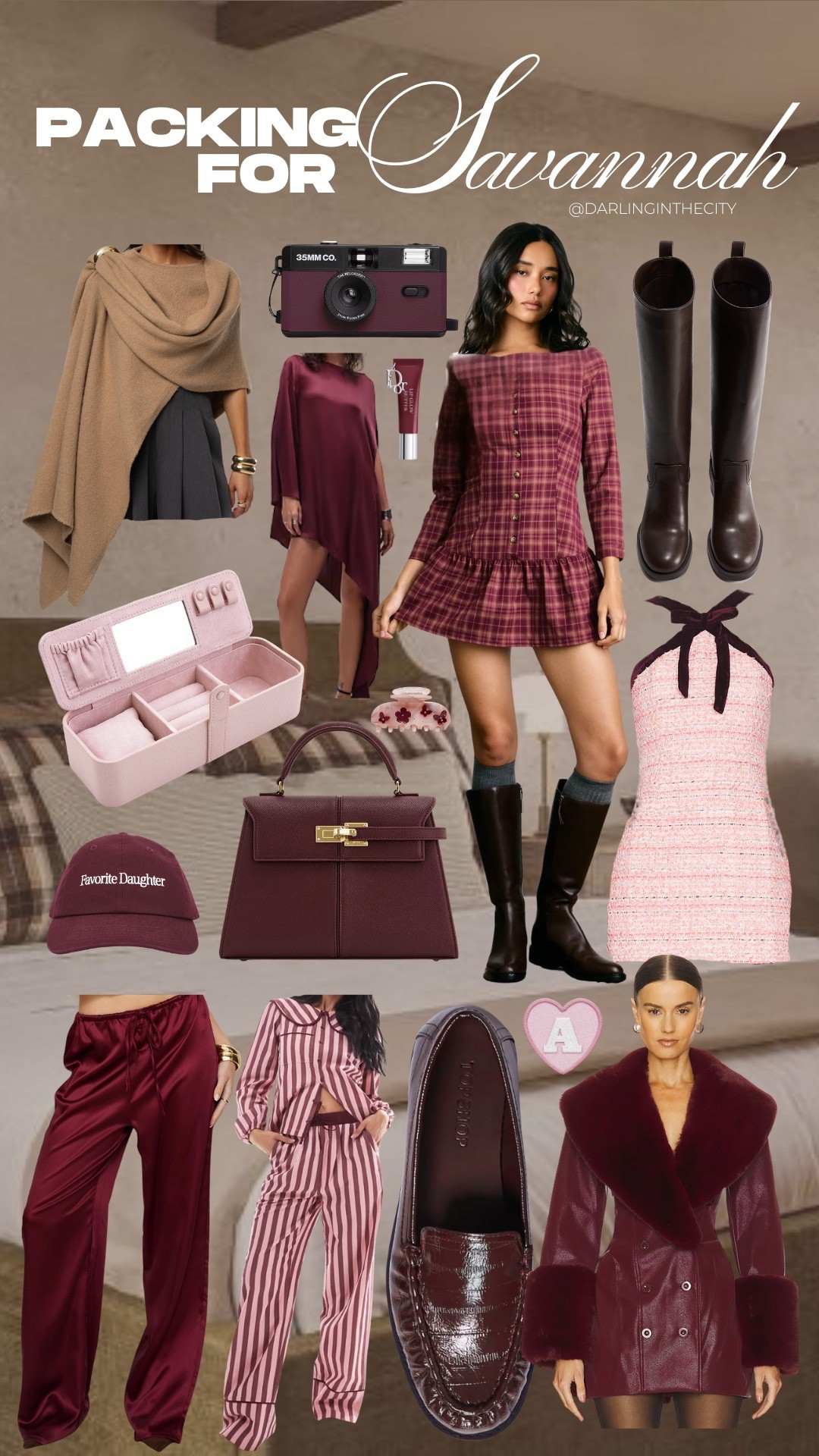 What I’m packing for Savannah!
Lots of burgundy and pink, plaid dress, shawl, burgundy coat, satin pants, holiday outfits, beis travel case, Christmas pajamas 

#LTKvlog #LTKGiftGuide #LTKHoliday