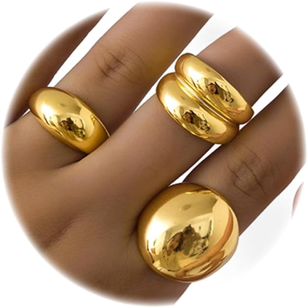 3PCS Chunky Gold Rings for Women Adjustable Round Dome Ring Set Open Bold Thick Rings Chunky Silv... | Amazon (US)