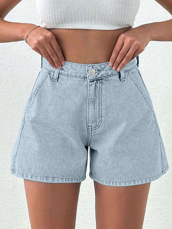 Damen Einfarbige, Lässige, Weite Sommer Denim Shorts 100% Baumwolle, Snow-Wash-Optik | SHEIN