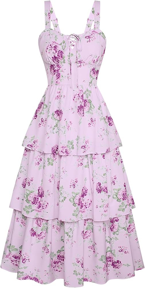 Scarlet Darkness Women's Floral Maxi Dress Summer Wedding Guest Dress Tiered Sleeveless Lace Up C... | Amazon (US)