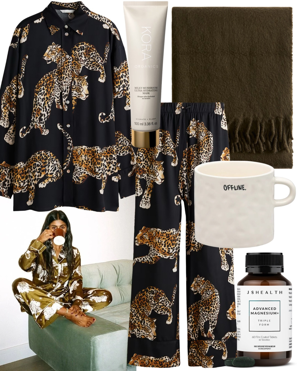 Make bedtime just as glamorous! 

Leopard print silk co-ord, green blanket, face-mask, ceramic mug, magnesium supplements (JS Vitamins.)

#LTKuk #LTKstyletip #LTKautumn