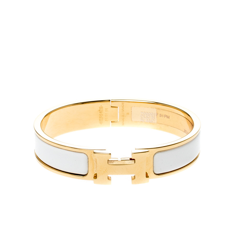 Hermes Clic Clac H White Enamel Gold Plated Narrow Bracelet PM | The Luxury Closet