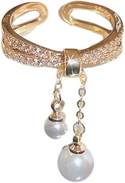 Trendy Layered Pearls Chain Tassel Open Ring For Women 14K Gold Plated CZ Adjustable Statement Wr... | Amazon (US)