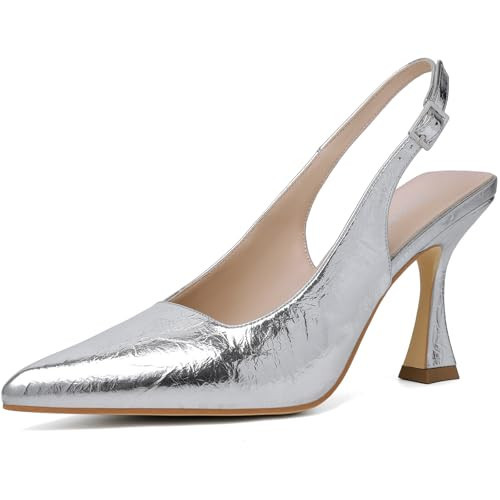 Susanny Silver Slingback Kitten Heels Elegant Dressy Pumps for Women Closed Pointy Toe Sexy Chunky High Heels Wedding Bride Prom Party Dress Shoes 10 | Amazon (US)