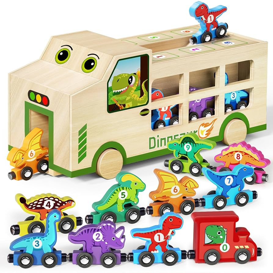 GJZZ Wooden Dinosaur Truck & 10 Magnetic Wooden Dinosaur Train Set | Montessori STEM Toys for Kid... | Amazon (US)