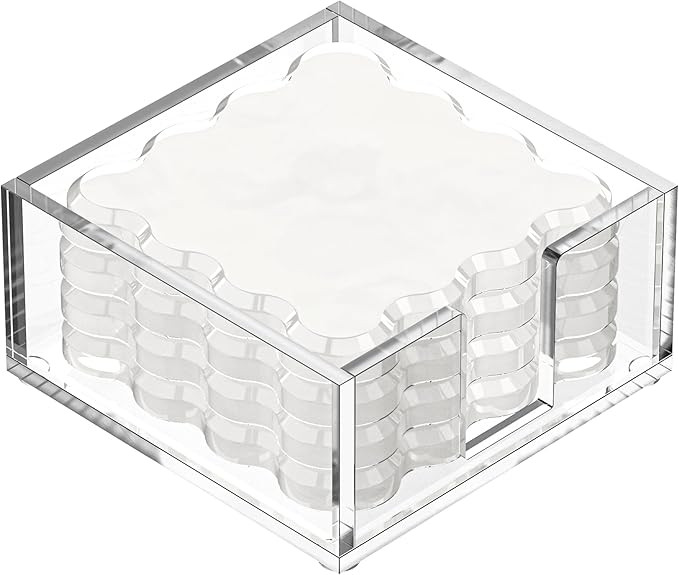 Square Scalloped Acrylic Drink Coaster Set 4‑Pack with Square Holder (White) | Amazon (US)