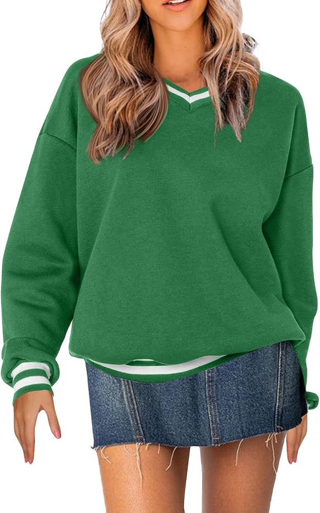 Gumipy Oversized Sweatshirt for Women V Neck Color Block Striped Sweater Trendy Long Sleeve Pullo... | Amazon (US)