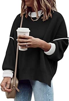 ETCYY Oversized Sweaters for Women Fall 2022 Trendy Crewneck Batwing Long Sleeve Knit Tops Side S... | Amazon (US)