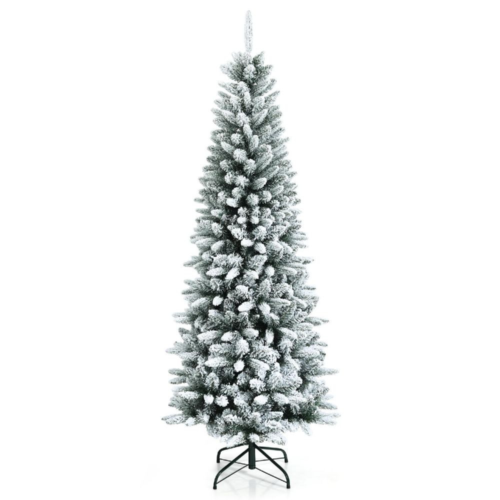 6.5ft Snow-Flocked Hinged Artificial Christmas Pencil Tree w/ 829 Mixed Tips White | Oriental Trading Company