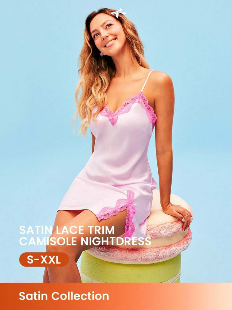 LUVLETTE Vestito Da Notte In Raso Di Seta Di Lusso Con Pizzo, Scollo A V, Spalline, Vestaglia Da Camera, Abito Da Sposa, Intimo E Pigiama Per San Valentino, Primavera Ed Estate, Abiti Estivi Da Donna | SHEIN