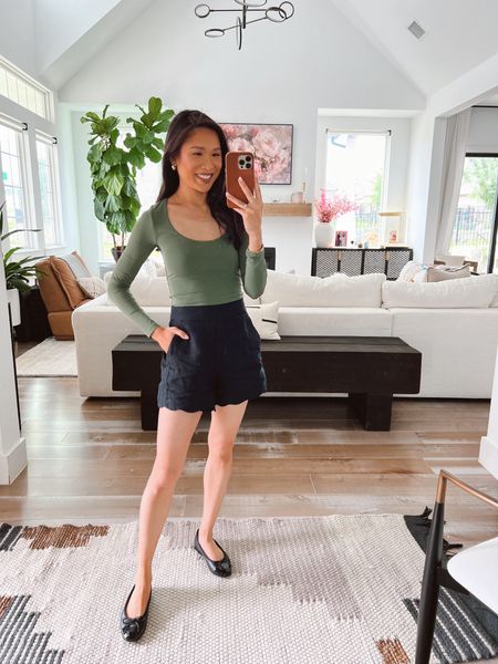 Summer outfit with olive green long sleeve in size XXS paired with 100% linen scallop shorts in size 24 that is on sale for 20% off! Easy to throw on and make more casual or dressed up 

#LTKSaleAlert #LTKSeasonal #LTKStyleTip
