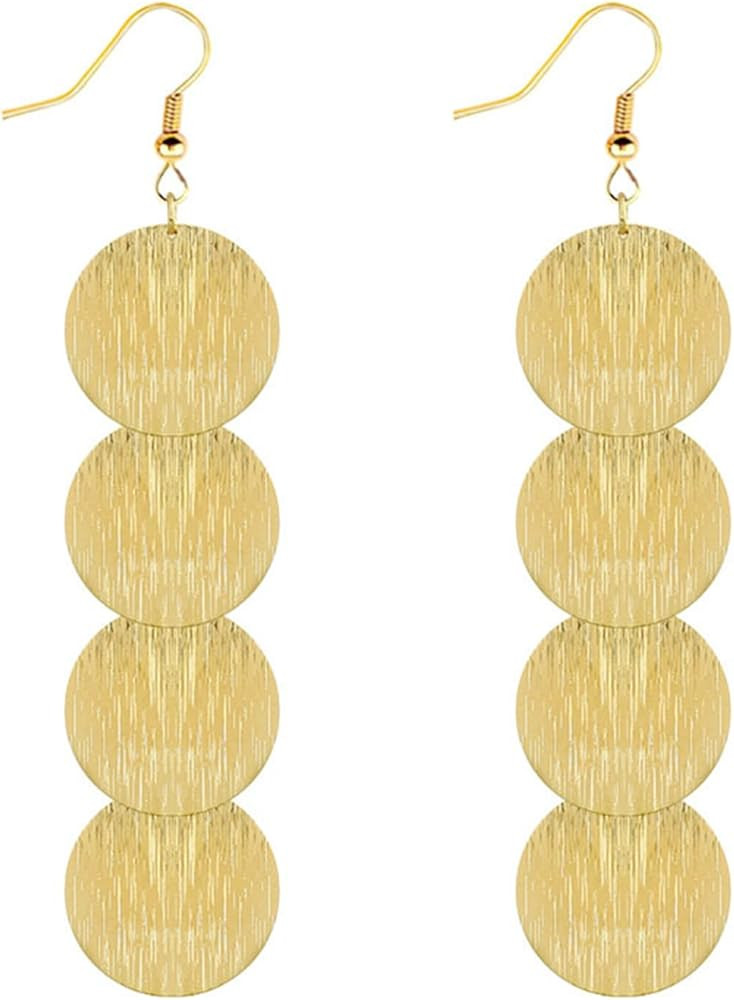 MALOYANVE Multilayer Disc Earrings for Women Fashion Long Gold Silver Plated Brushed Textured Pat... | Amazon (US)