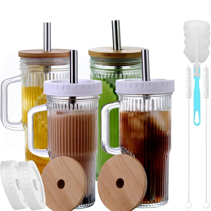 24oz Ribbed Glass Tumbler With Handle,4Pack Glass Cup with Lids and Straws,Reusable Glass Iced Co... | Amazon (US)