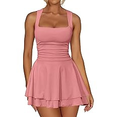 Kaximil Women's Square Neck Ruffle Hem Mini Dress Ruched Waist Short Party Dresses | Amazon (US)