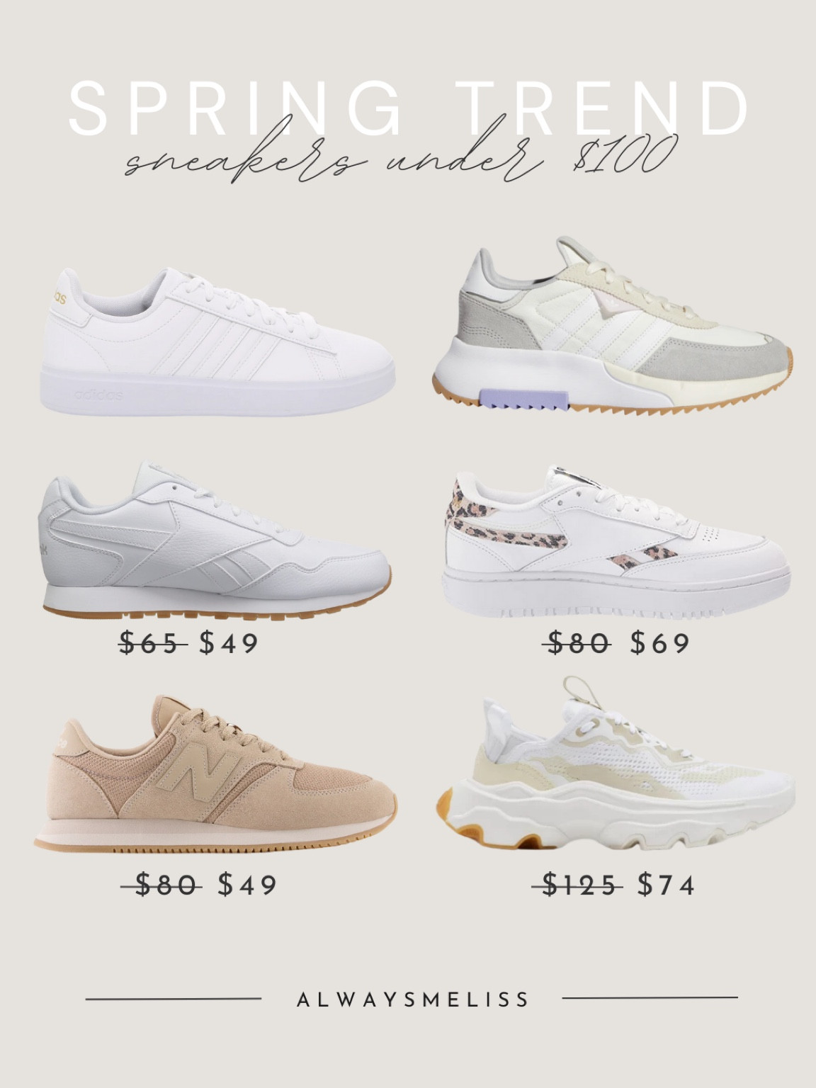 Spring sneakers under $100!! Reebok sneakers, new balance sneakers, white sneakers, neutral sneakers, casual sneakers, everyday sneakers, adidas sneakers

#LTKunder100 #LTKtravel #LTKshoecrush