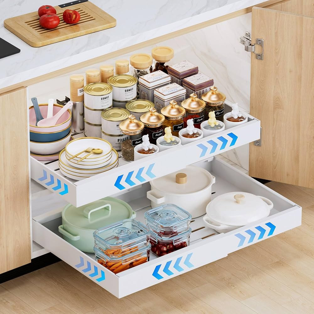 2 Pack Expandable Pull Out Cabinet Organizer Adhesive, Peel And Stick Slide Out Drawers for Kitch... | Amazon (UK)