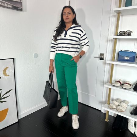 Ankle Pants Outfit for Work with Green Ankle Pants and Striped Collared Sweater

#LTKFind #LTKSeasonal #LTKsalealert