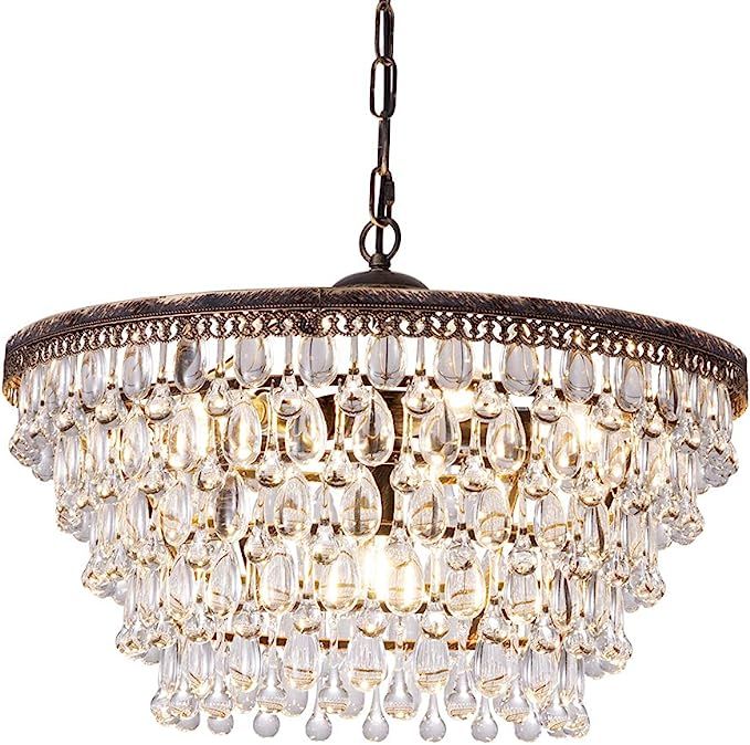 Wellmet Crystal Chandelier, 6-Light 5 Tiers Farmhouse Crystal Light, Adjustable Hanging Bronze Ce... | Amazon (US)