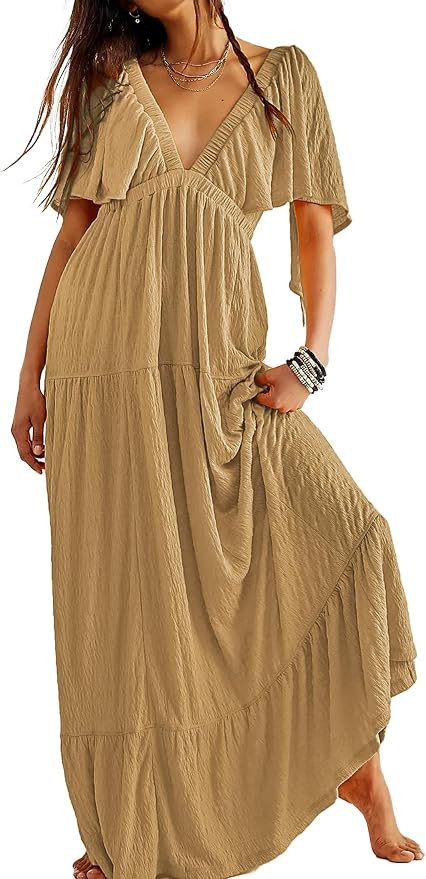 Summer Dresses for Women 2024 Sexy V-Neck Maxi Dress Tiered Silhouette with Flutter Sleeves Backl... | Amazon (US)