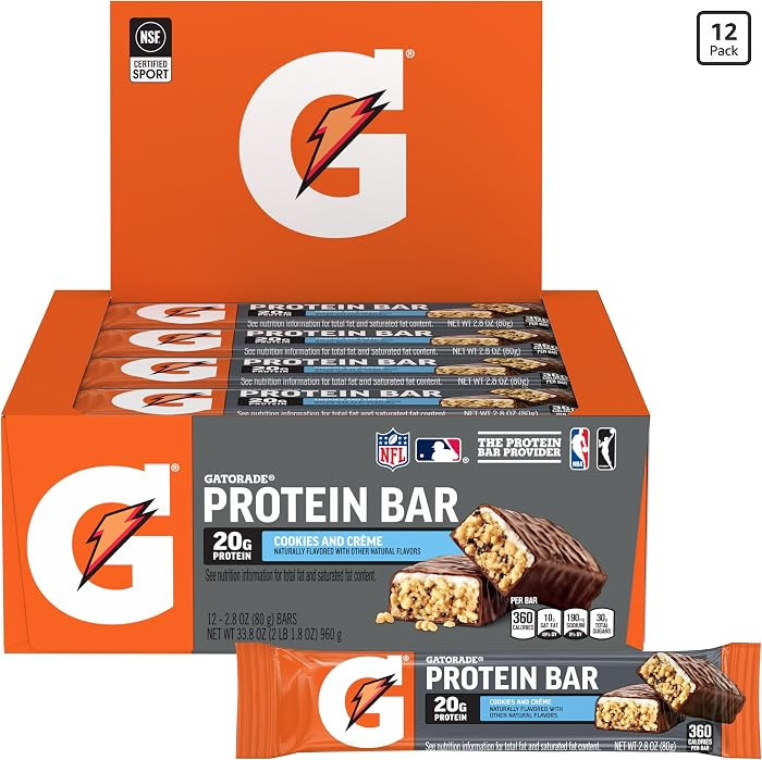 Gatorade Whey Protein Bars, Cookies & Cr\u00e8me, 2.8 oz bars (Pack of 12, 20g of protein per bar... | Amazon (US)
