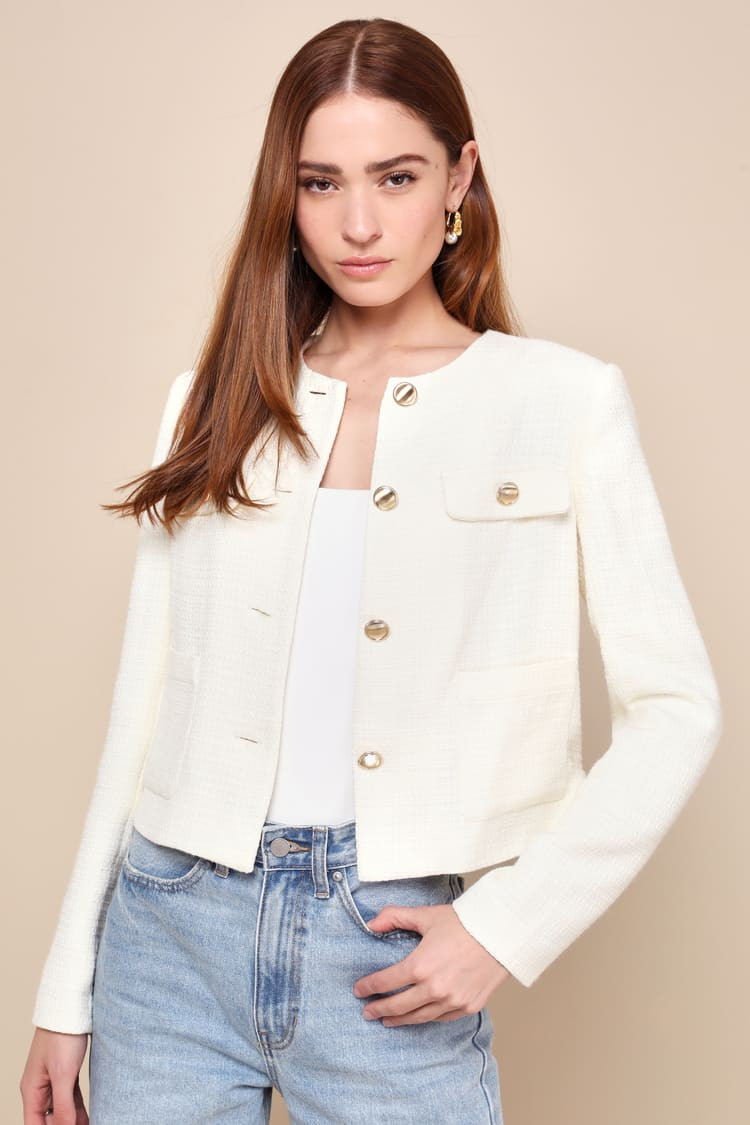 Undeniably Poised Cream Tweed Crew Neck Button-Front Blazer | Lulus